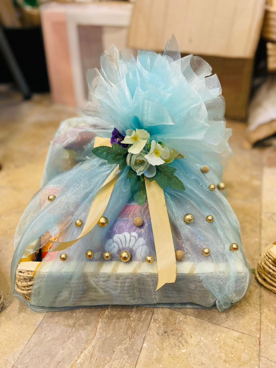 102 Sky Blue & Gold Packaging Gift Basket - Image 1