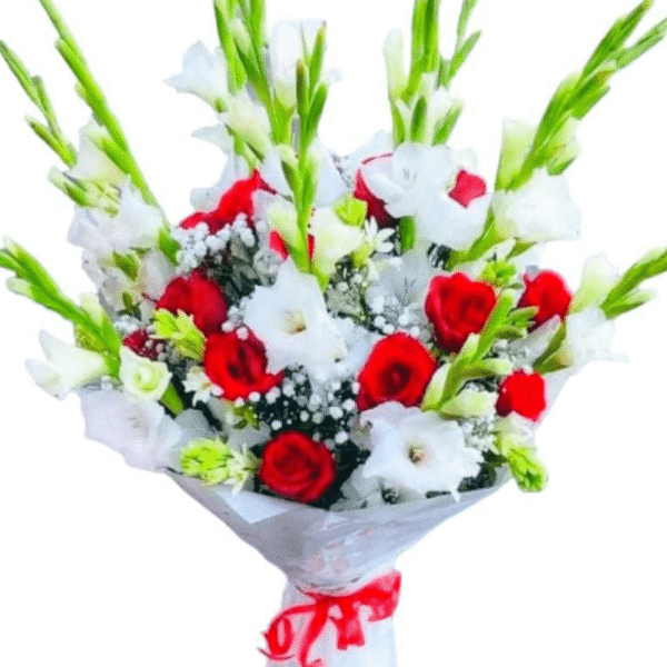 Red Roses and White Gladiolus Bouquet