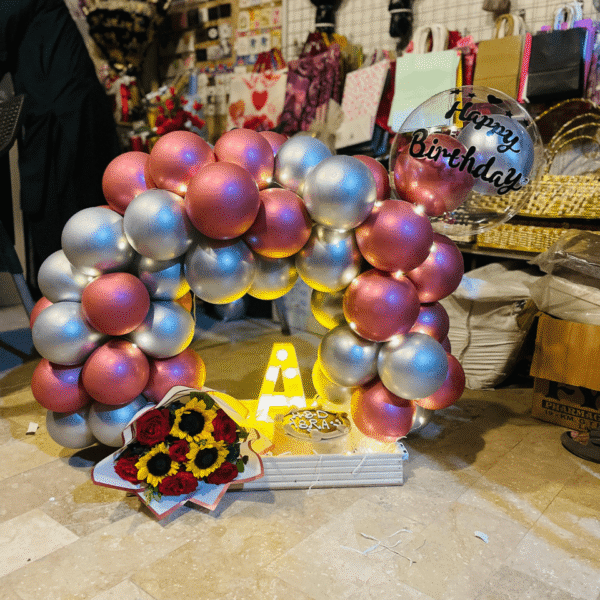 Luxury Birthday Gift Metallic Arch & Flowers