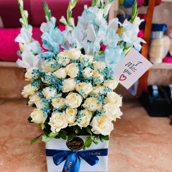 Sky Blue & Cream Rose Box Arrangement