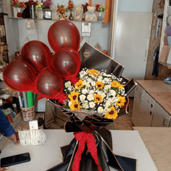 Sunflowers & Joy Bouquet with Balloons