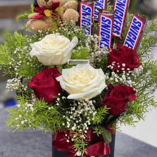 Roses, Snickers & Teddy Bear Surprise Gift Box