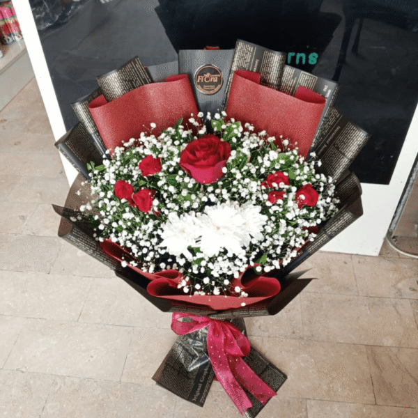 Red Roses and White Mum Bouquet