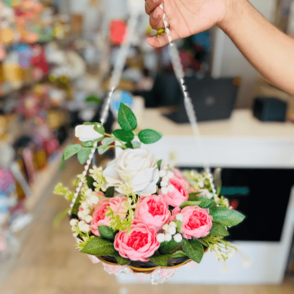 Sweet Pink & White Roses Hanging Basket