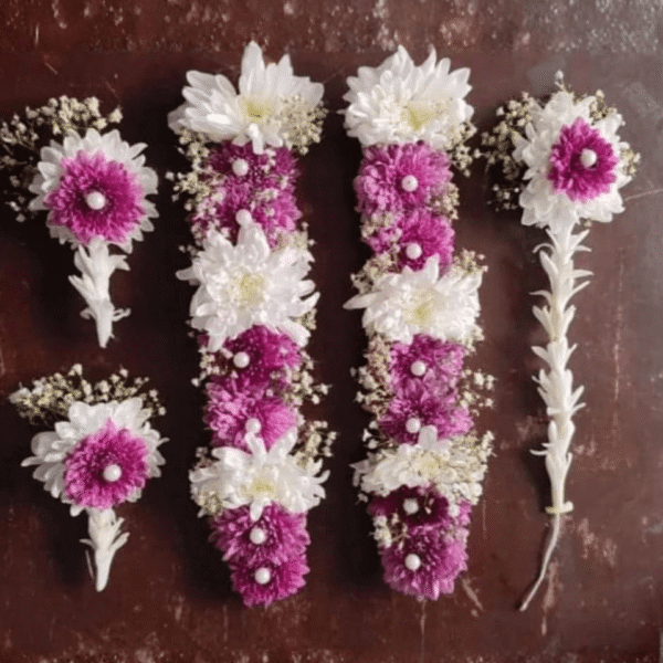 Elegant Floral Jewelry Set (Purple & White Gajra, Bracelet aur Tikka)