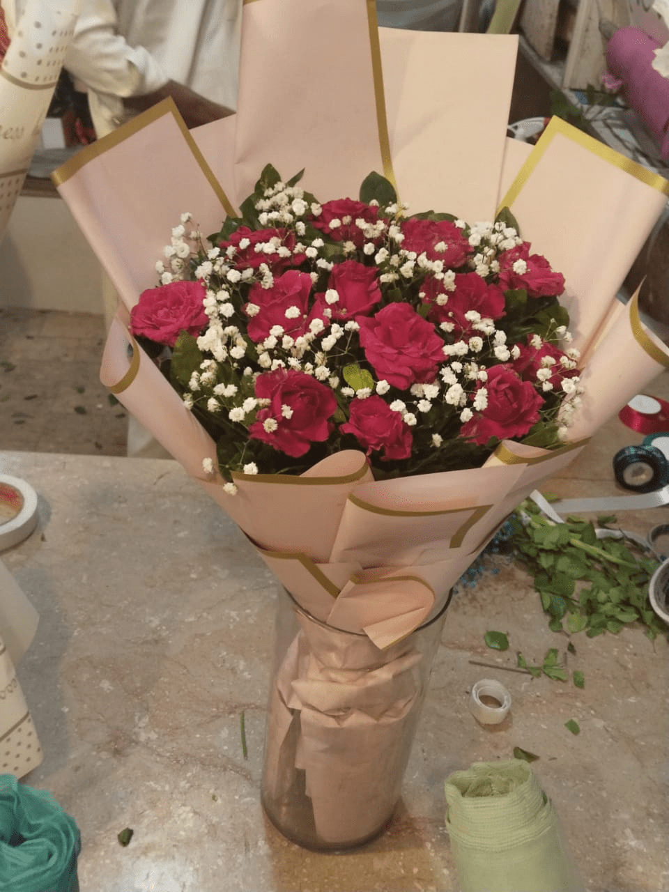 64-min Deep Pink Roses Blush Bouquet - Image 1