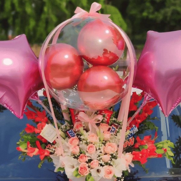 Pink Hot Air Balloon Floral Bucket with Mixed Chocolates